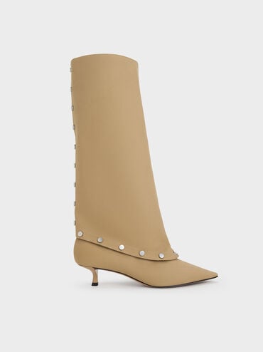 Gael Twill Studded Convertible Kitten-Heel Knee-High Boots, Beige, hi-res