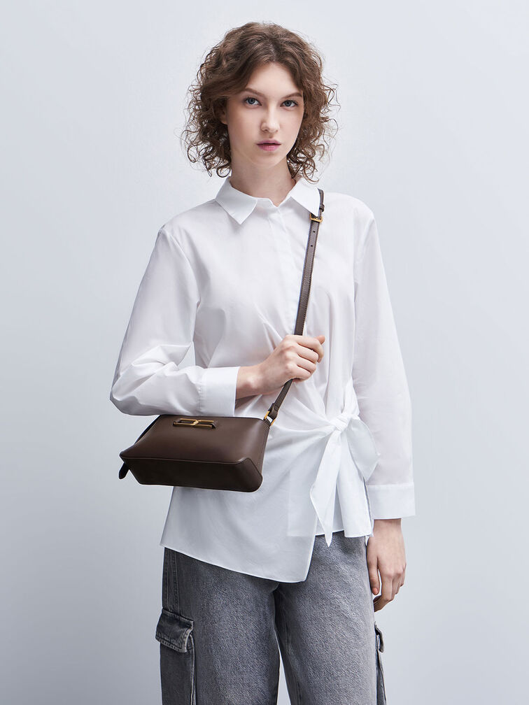 Gabine Leather Trapeze Shoulder Bag, Dark Brown, hi-res