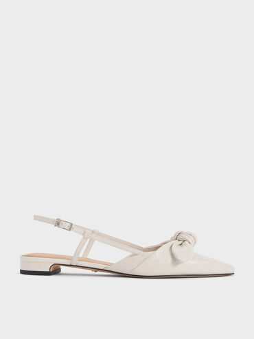 Jayce Leather Crinkle-Effect Knot-Bow Slingback Flats, White, hi-res