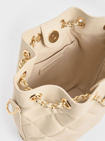 Quilted Two-Way Bucket Bag, Beige, hi-res