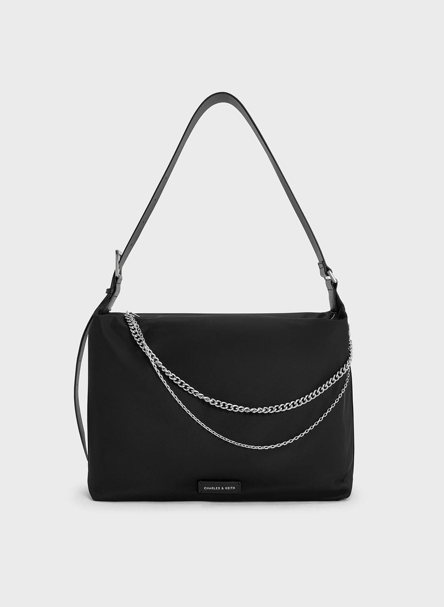 Nylon Chain-Link Slouchy Shoulder Bag, Noir, hi-res