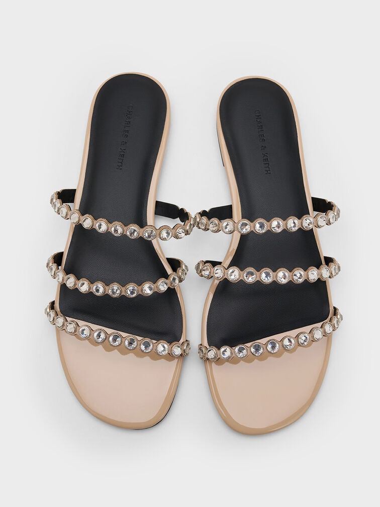 Crystal-Embellished Triple-Strap Sandals, Nude, hi-res