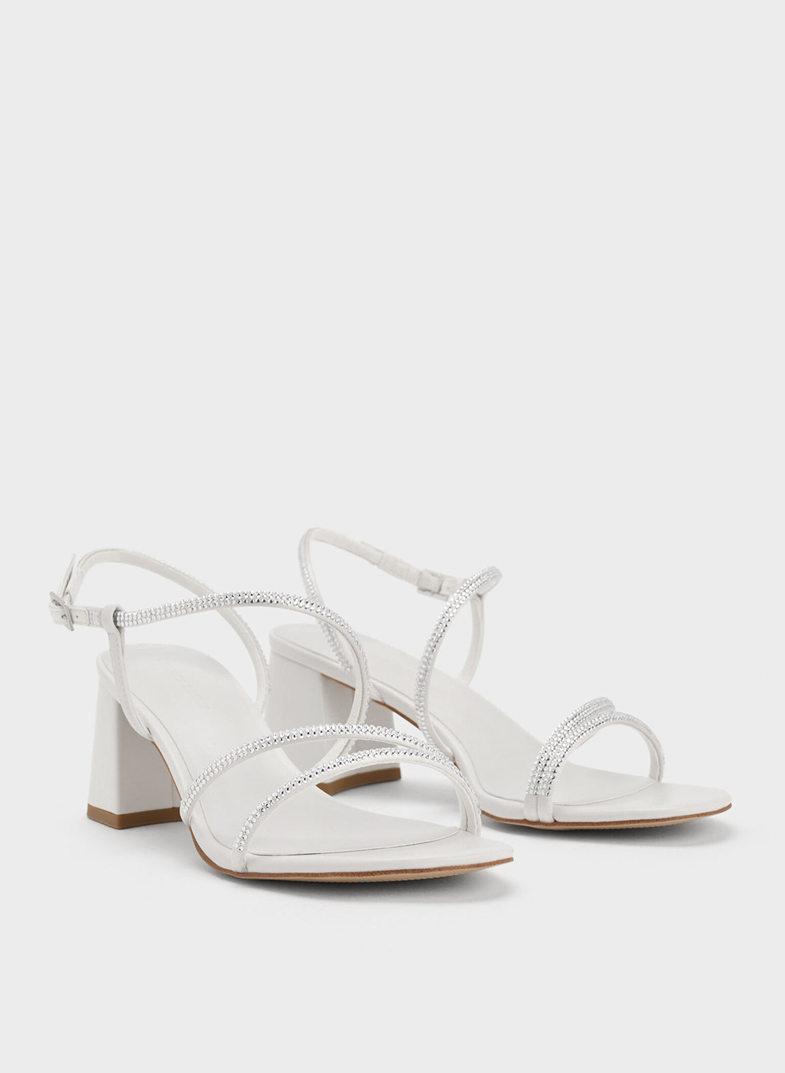 Satin Crystal-Embellished Block-Heel Strappy Sandals, White, hi-res