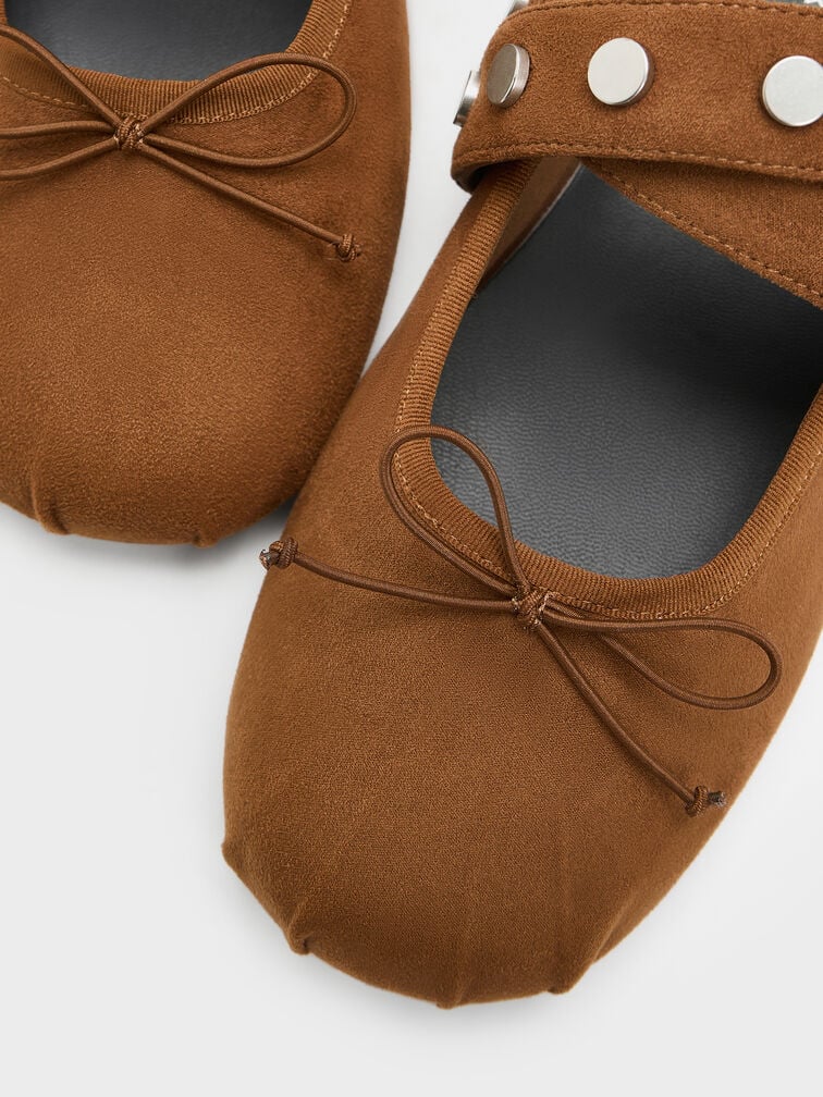 Gael Faux Suede Studded Crossover-Strap Bow Mary Janes, Brown, hi-res