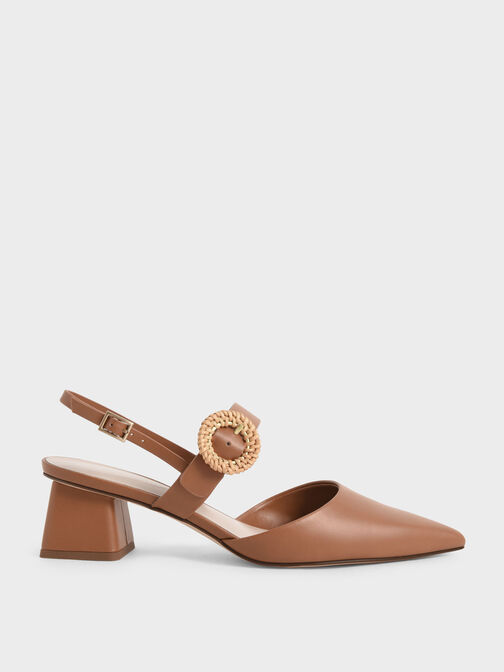 Woven Buckle Slingback Heeled Pumps, Caramel, hi-res
