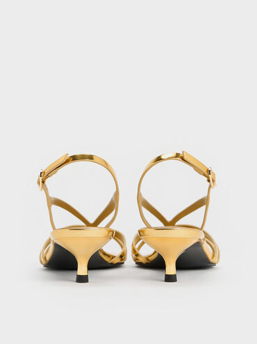 Metallic Kitten-Heel Strappy Sandals, Gold, hi-res