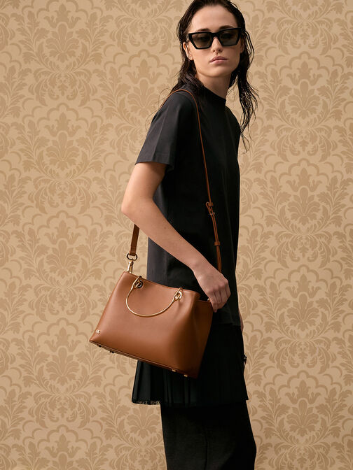 Leather Ring-Handle Bag, Cognac, hi-res