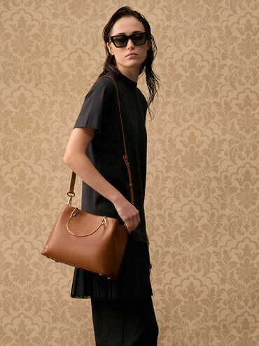 Leather Ring-Handle Bag, Cognac, hi-res