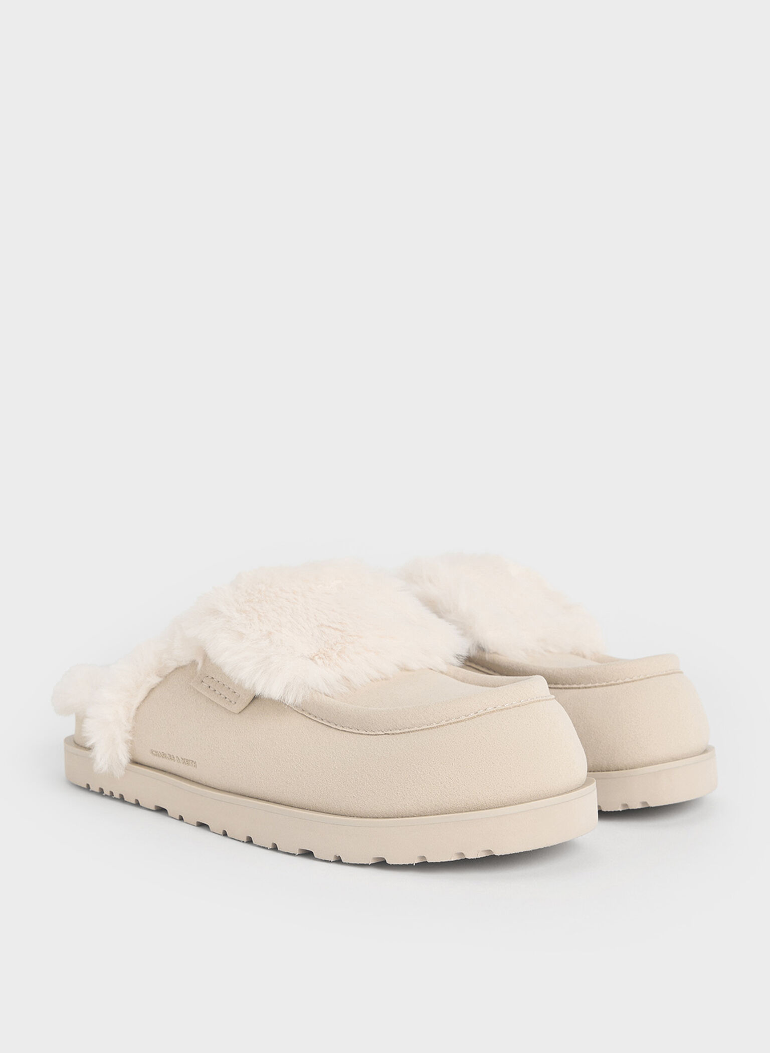 Textured Fur-Trim Flatform Mules, Beige, hi-res