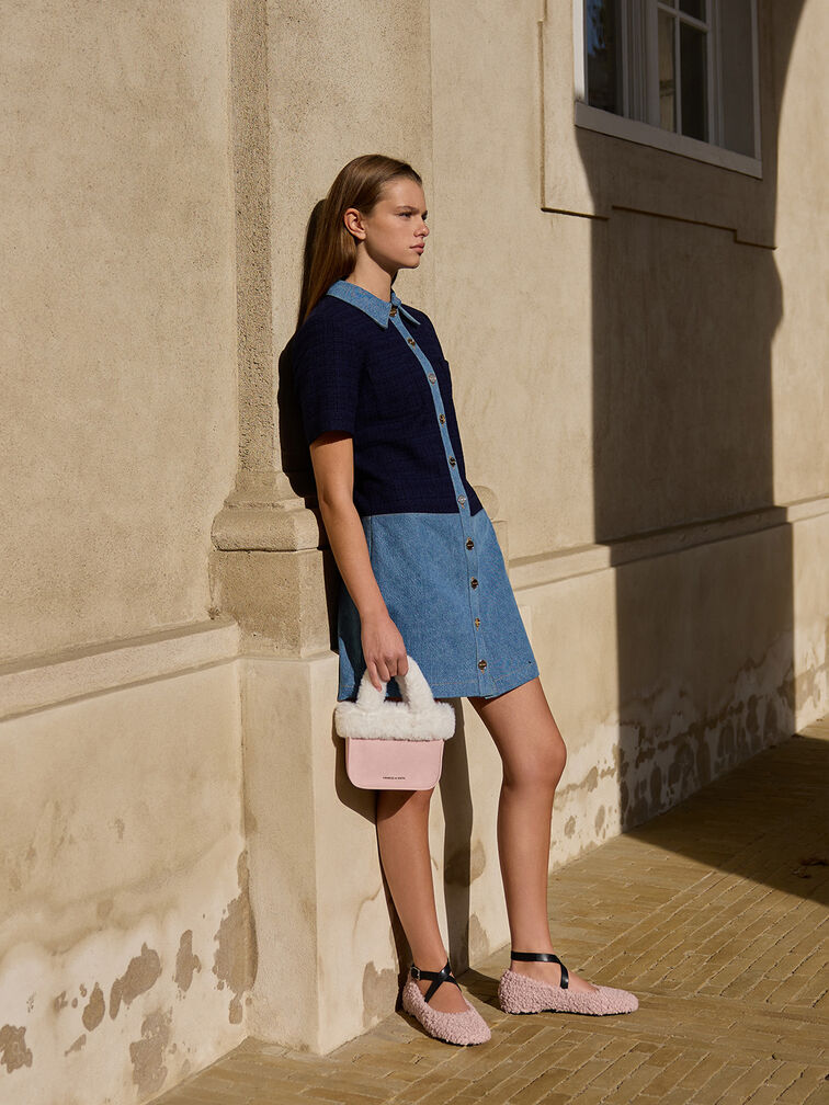 Margot Furry Crossover-Strap Ballet Flats, Pink, hi-res