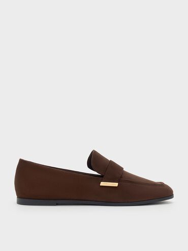 Faux Suede Almond-Toe Flat Loafers, Dark Brown, hi-res