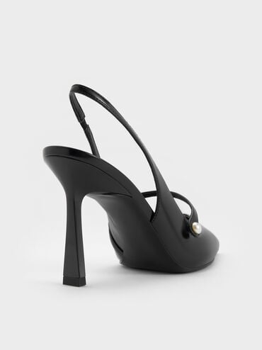 Helena Pearl-Buckle Pointed-Toe Slingback Pumps, Black Box, hi-res