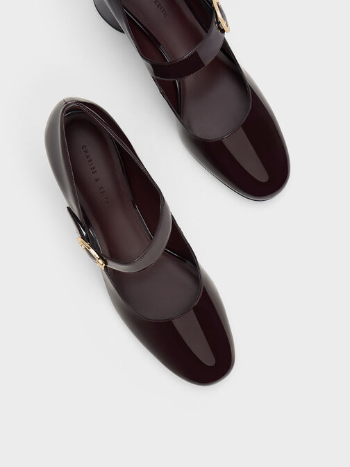 Patent Cylindrical Block Heel Mary Janes, Maroon, hi-res
