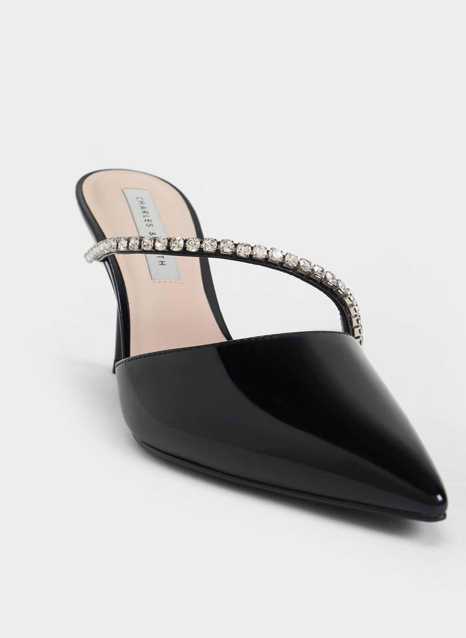 Gem-Encrusted Patent Stiletto Mules, Black Patent, hi-res