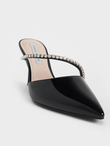 Gem-Encrusted Patent Stiletto Mules, Black Patent, hi-res