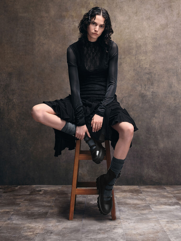 Celia Faux Suede Buckled Multi-Strap Chunky Calf Boots, Black Textured, hi-res