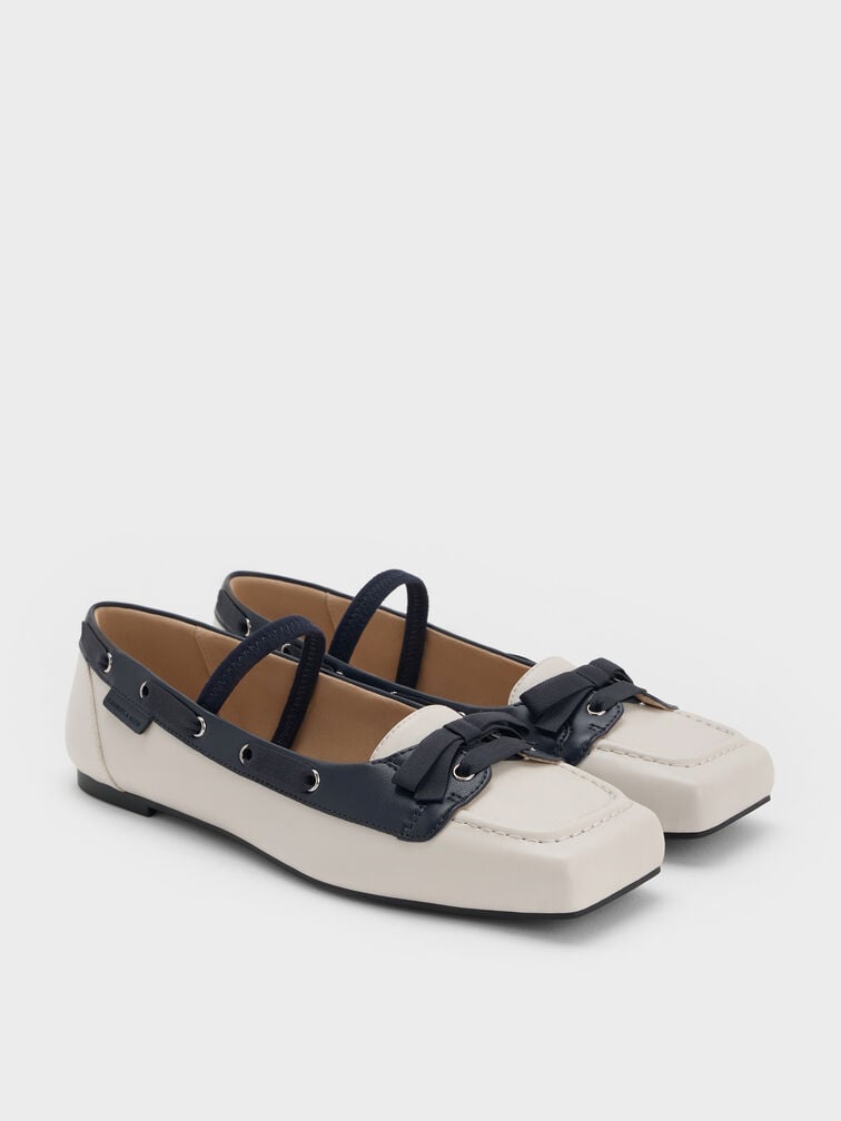Bow Two-Tone Boat-Shoe Flats, Chalk, hi-res