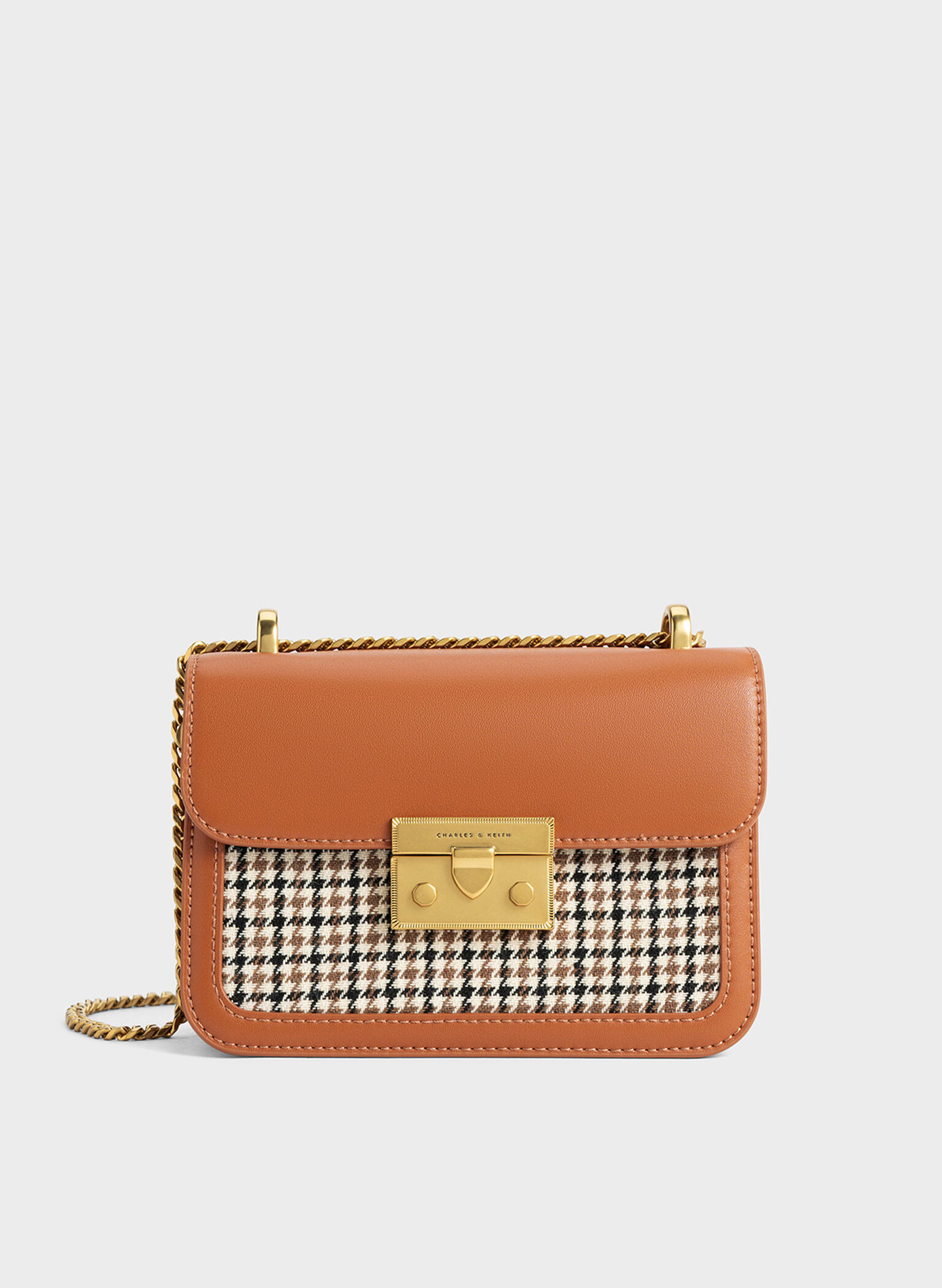 Alva Checkered Front Flap Bag, Cognac, hi-res