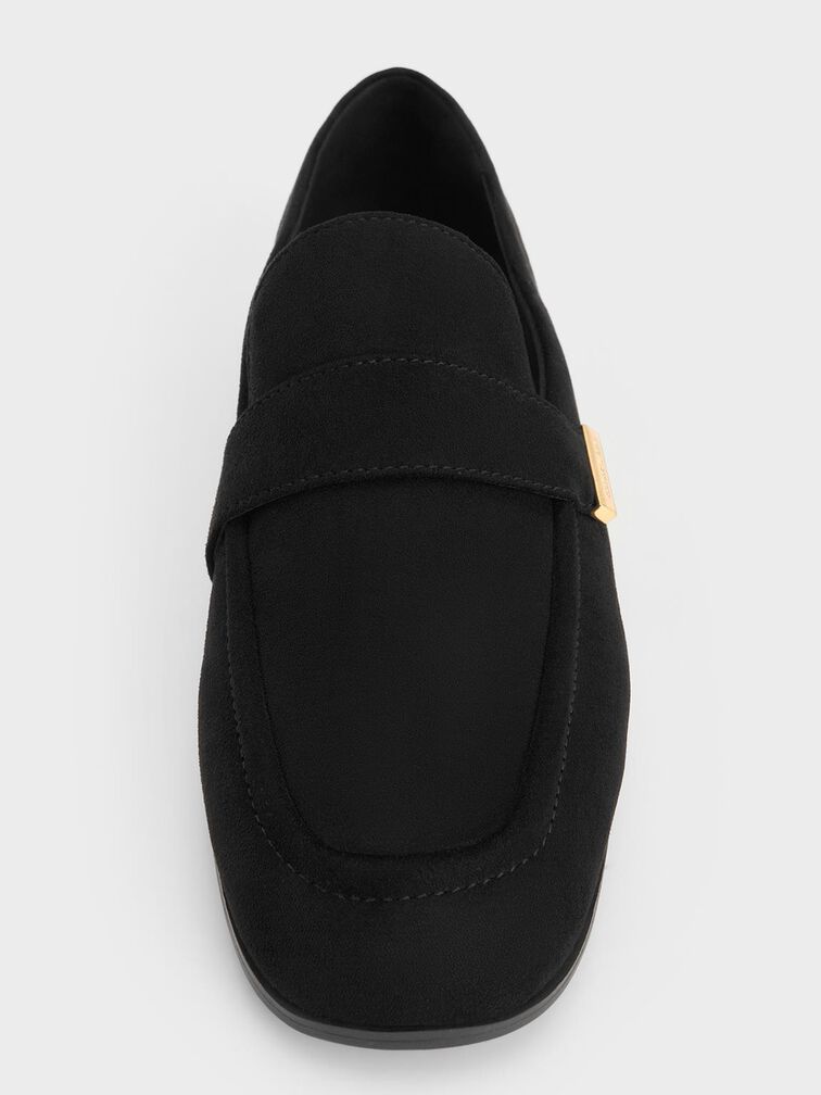 Faux Suede Almond-Toe Flat Loafers, Black Textured, hi-res