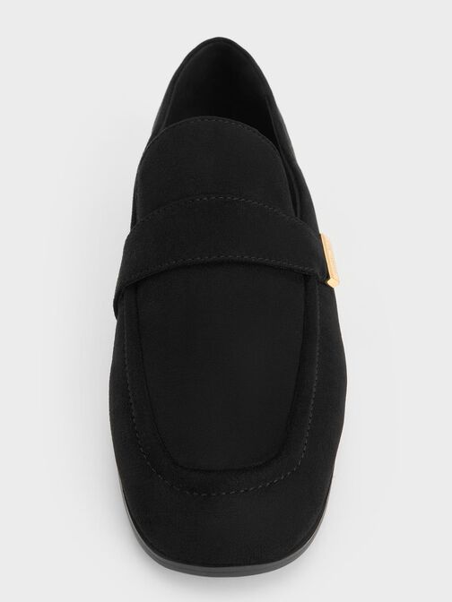 Faux Suede Almond-Toe Flat Loafers, Black Textured, hi-res