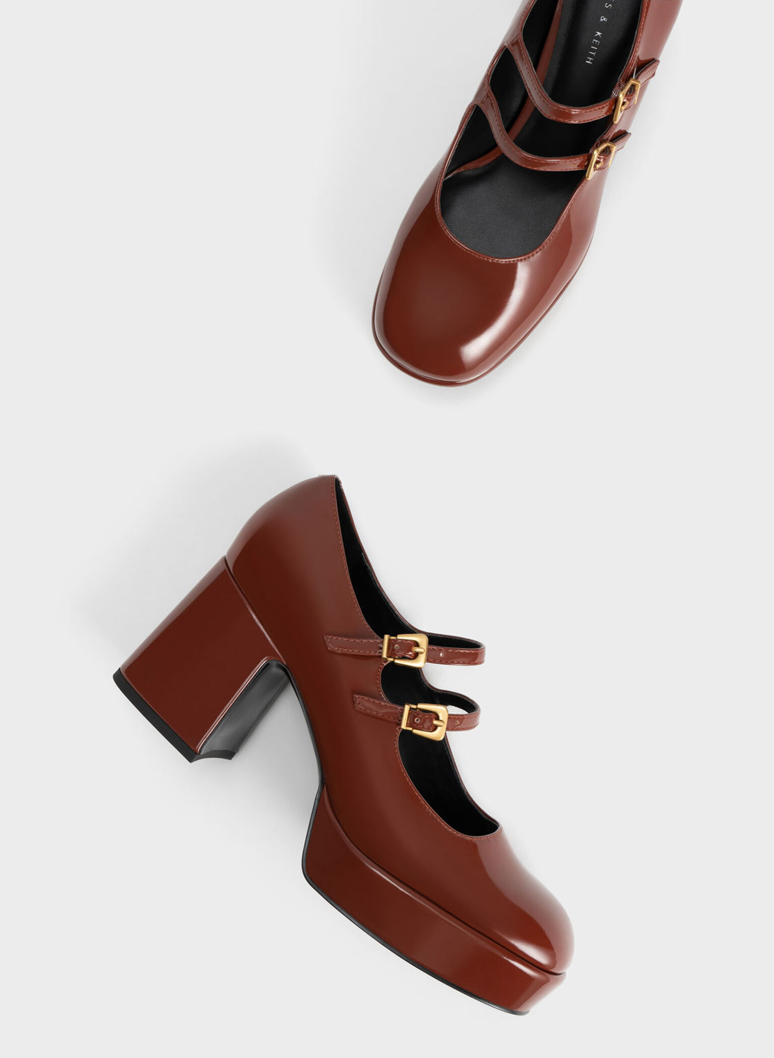 Patent Block Heel Mary Janes, Cognac, hi-res