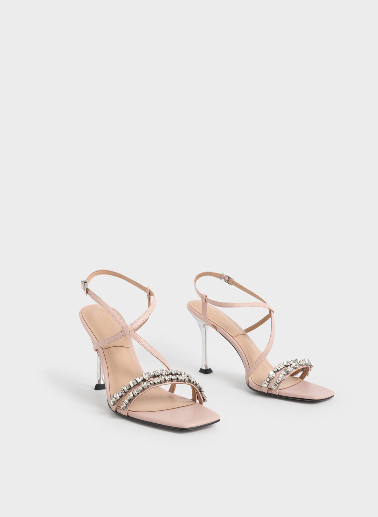 Leather Gem-Embellished Strappy Sandals, Nude, hi-res