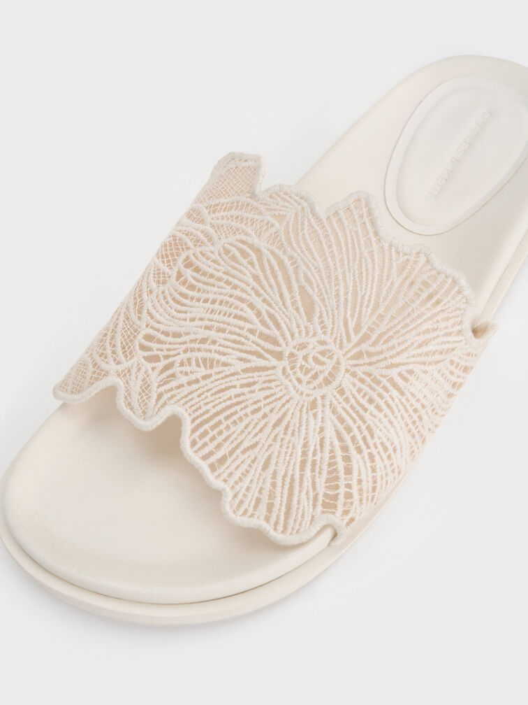 Crochet Floral Slide Sandals, White, hi-res