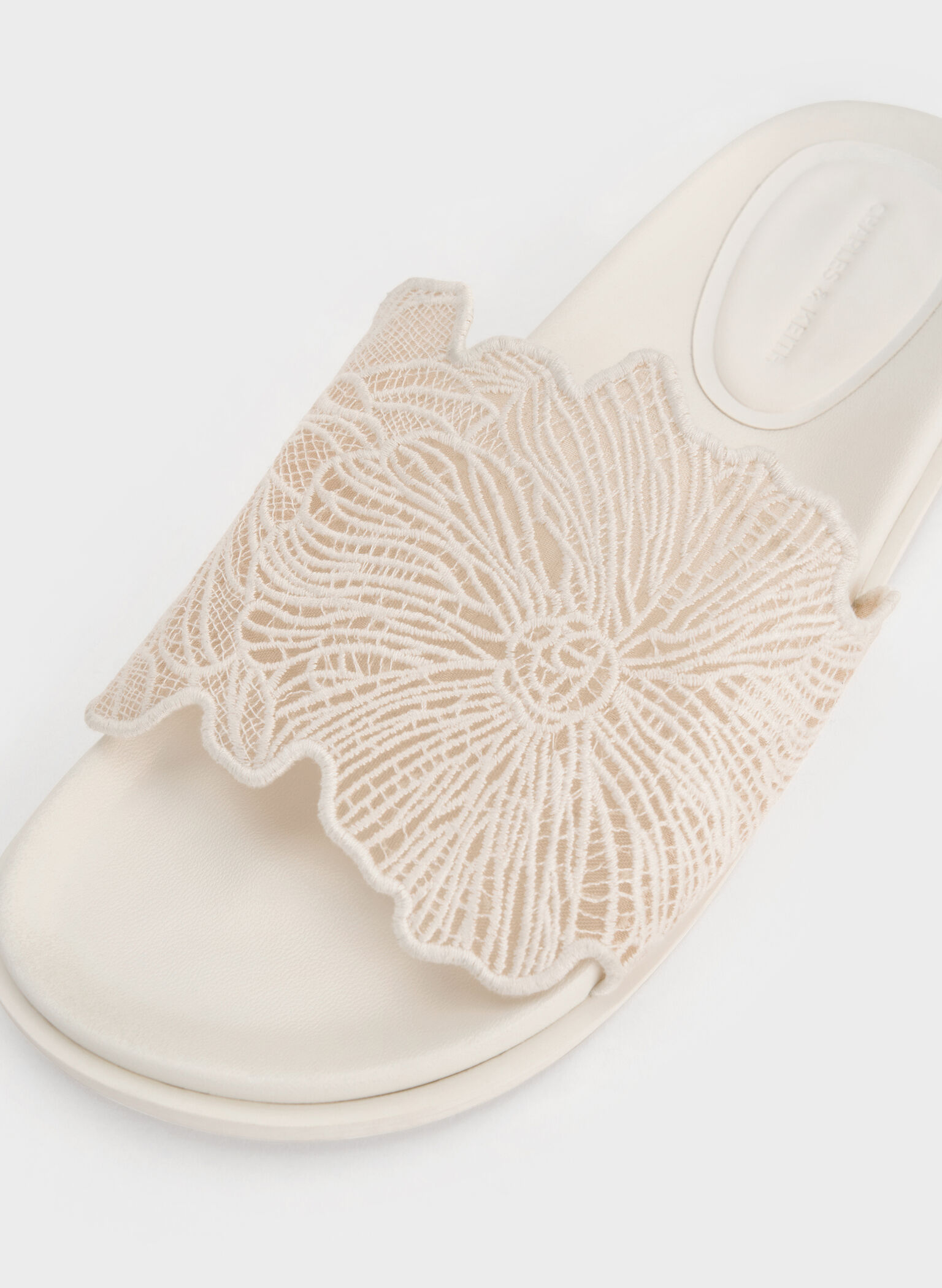 Crochet Floral Slide Sandals, White, hi-res
