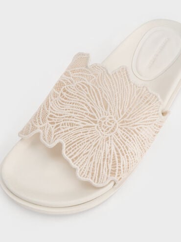Crochet Floral Slide Sandals, White, hi-res