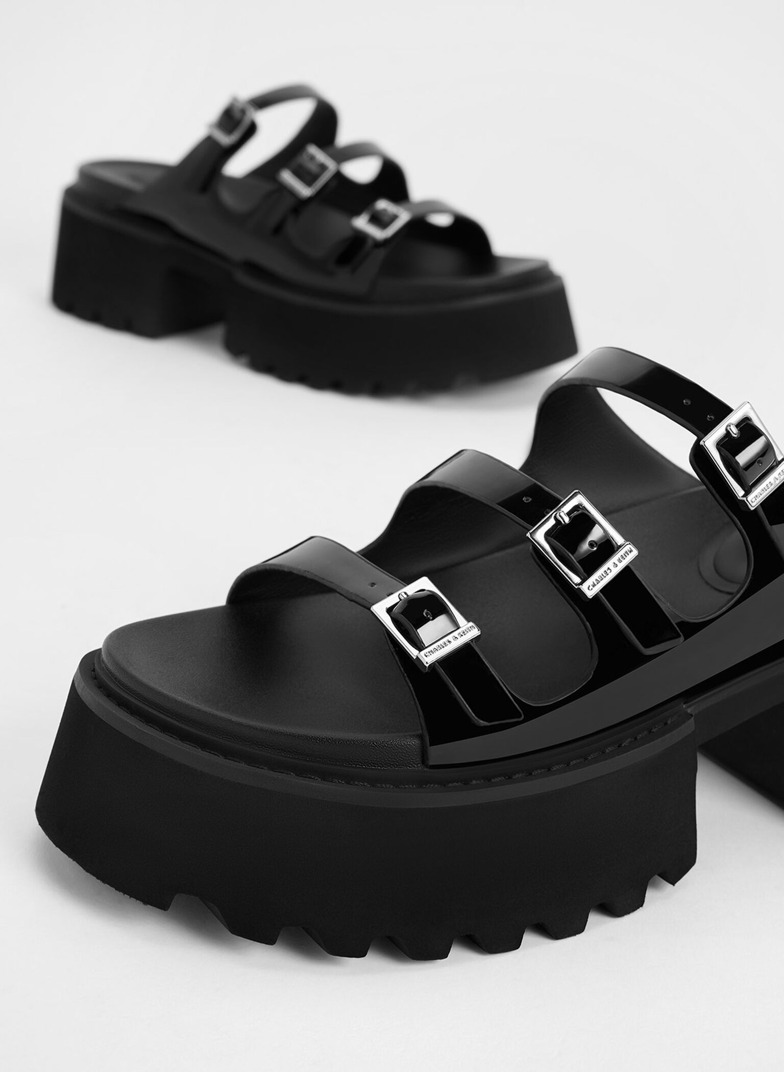 Nadine Patent Triple-Strap Platform Sandals, Black Patent, hi-res