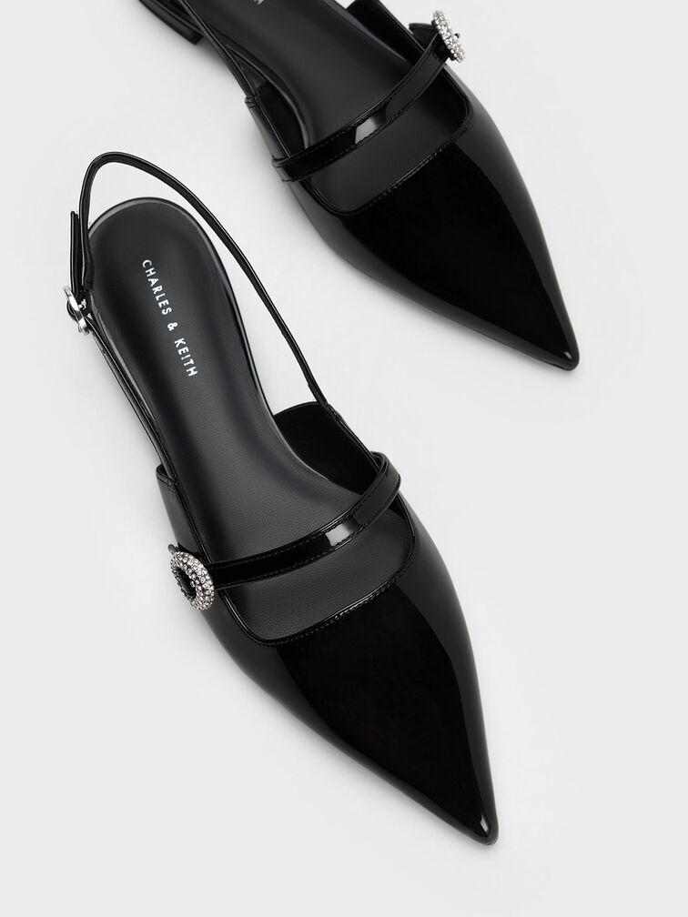 Patent Crystal-Embellished Slingback Flats, Black Patent, hi-res