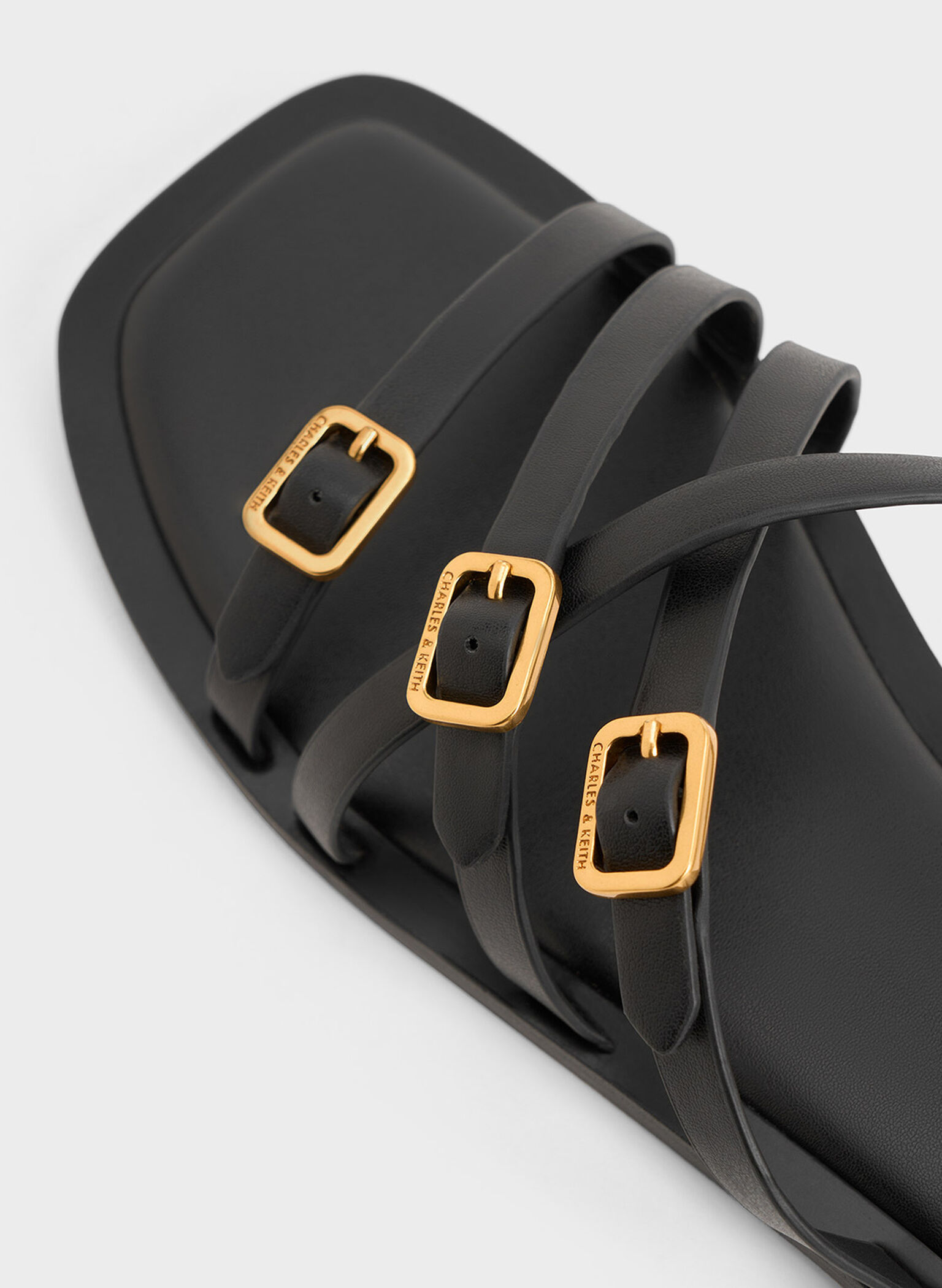 Strappy Buckled Slide Sandals, Black, hi-res