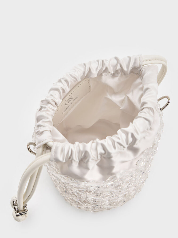 Beaded Chain-Handle Bucket Bag, White, hi-res