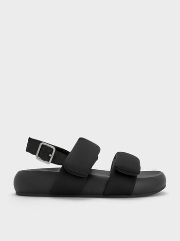 Recycled Polyester Double-Strap Slingback Sandals, Black Textured, hi-res