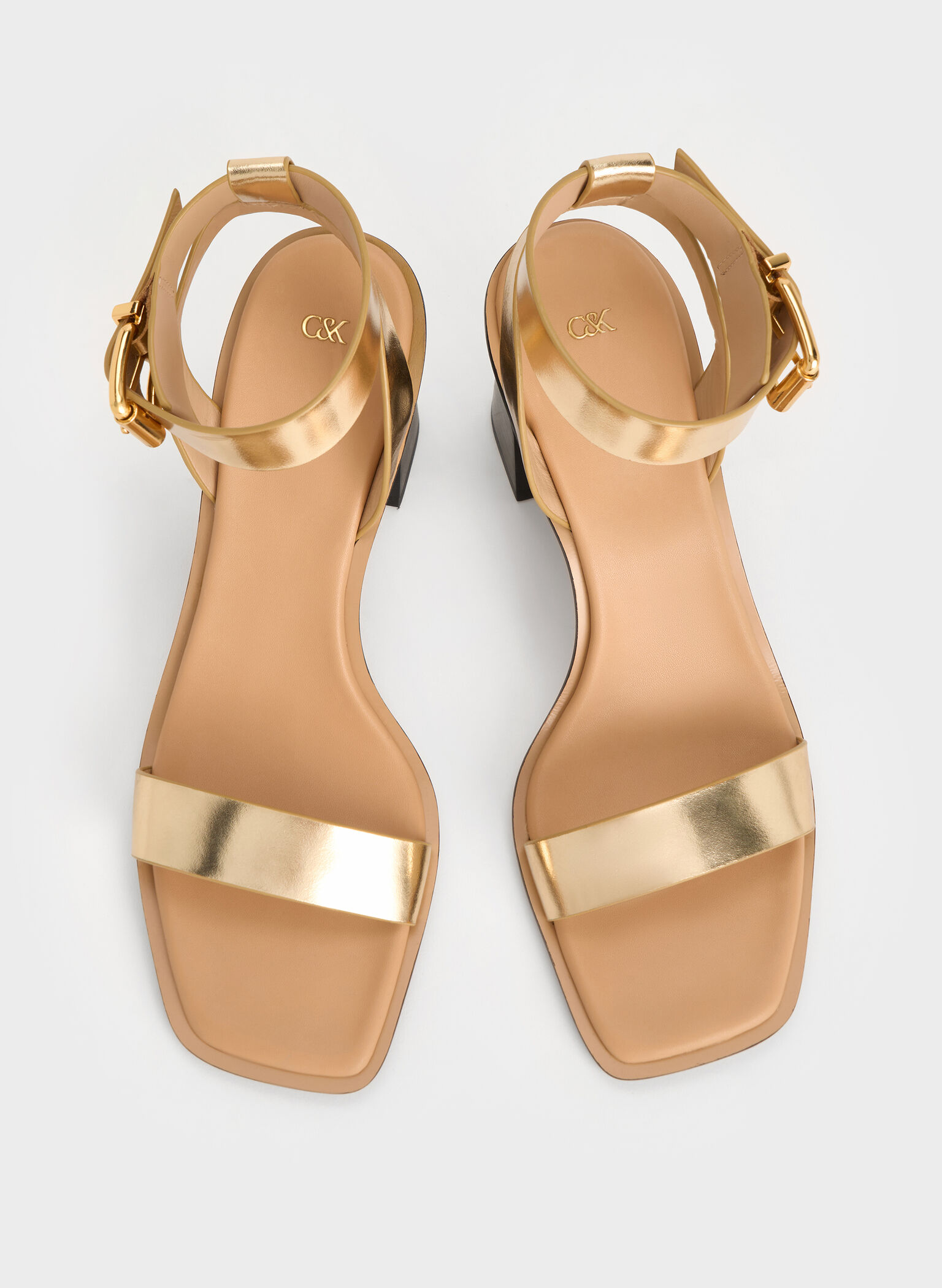 Metallic Leather Ankle-Strap Block-Heel Sandals, Gold, hi-res