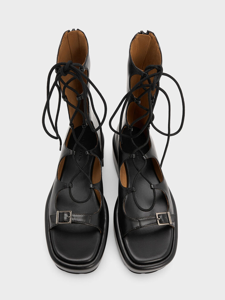 Gladiator Lace-Up Platform Sandals, Black, hi-res