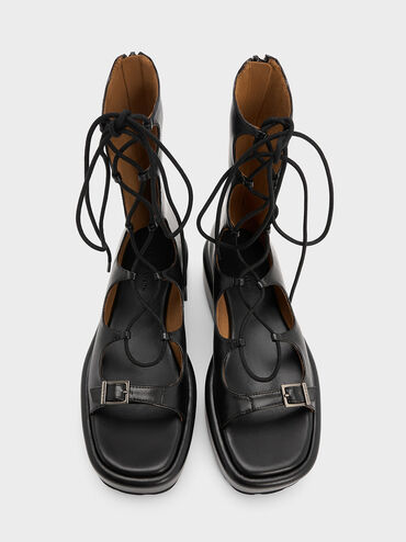 Gladiator Lace-Up Platform Sandals, Black, hi-res