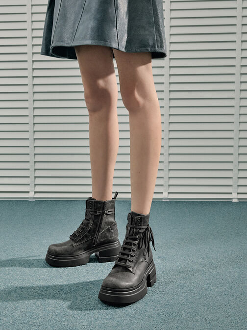 Lace-Up Chunky Ankle Boots, Dark Grey, hi-res