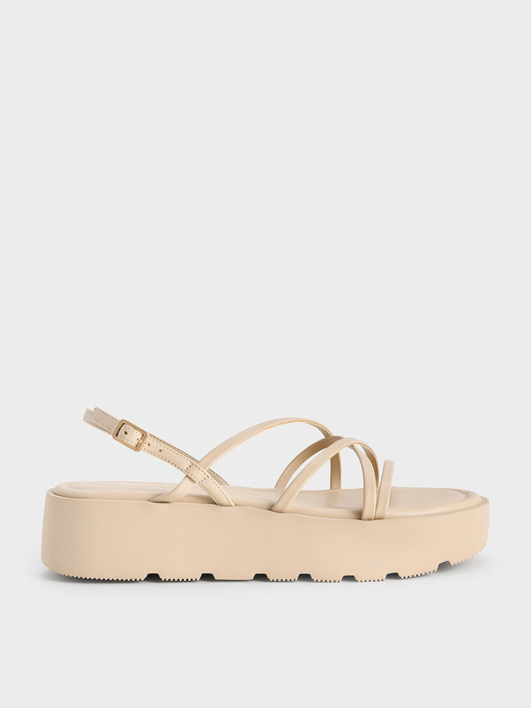 Strappy Ridged-Sole Flatform Sandals, Taupe, hi-res