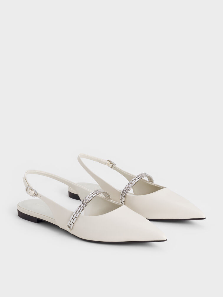 Chain-Strap Pointed-Toe Slingback Flats, Chalk, hi-res