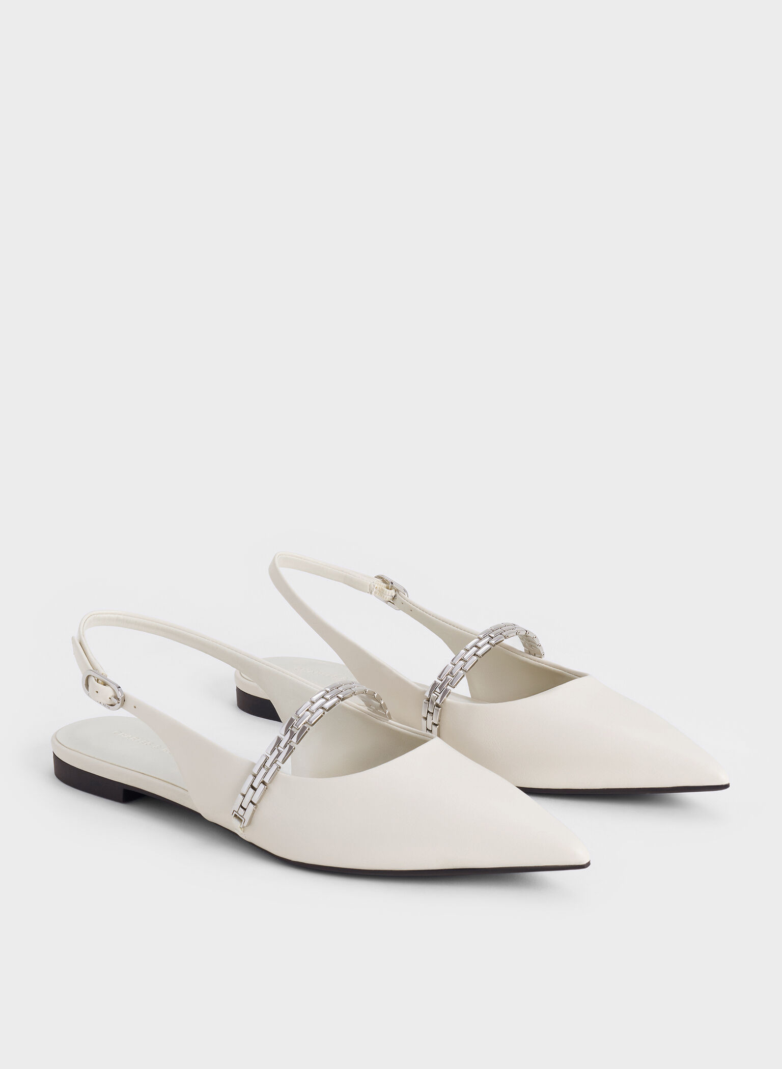 Chain-Strap Pointed-Toe Slingback Flats, Chalk, hi-res