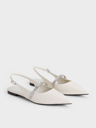 Chain-Strap Pointed-Toe Slingback Flats, Chalk, hi-res