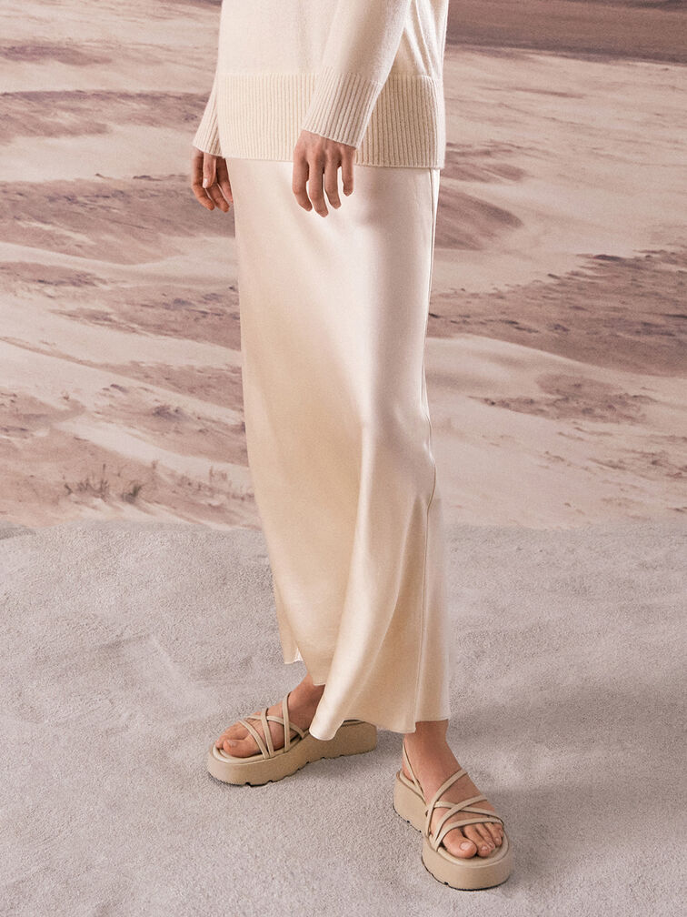 Strappy Ridged-Sole Flatform Sandals, Taupe, hi-res