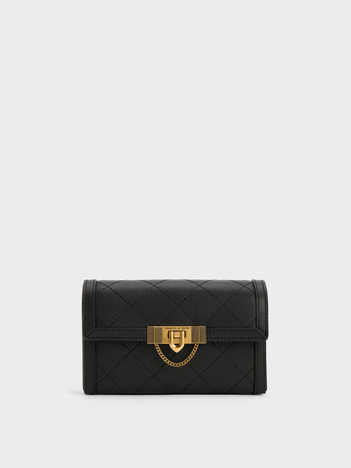 Tallulah Quilted Push-Lock Clutch, Black, hi-res
