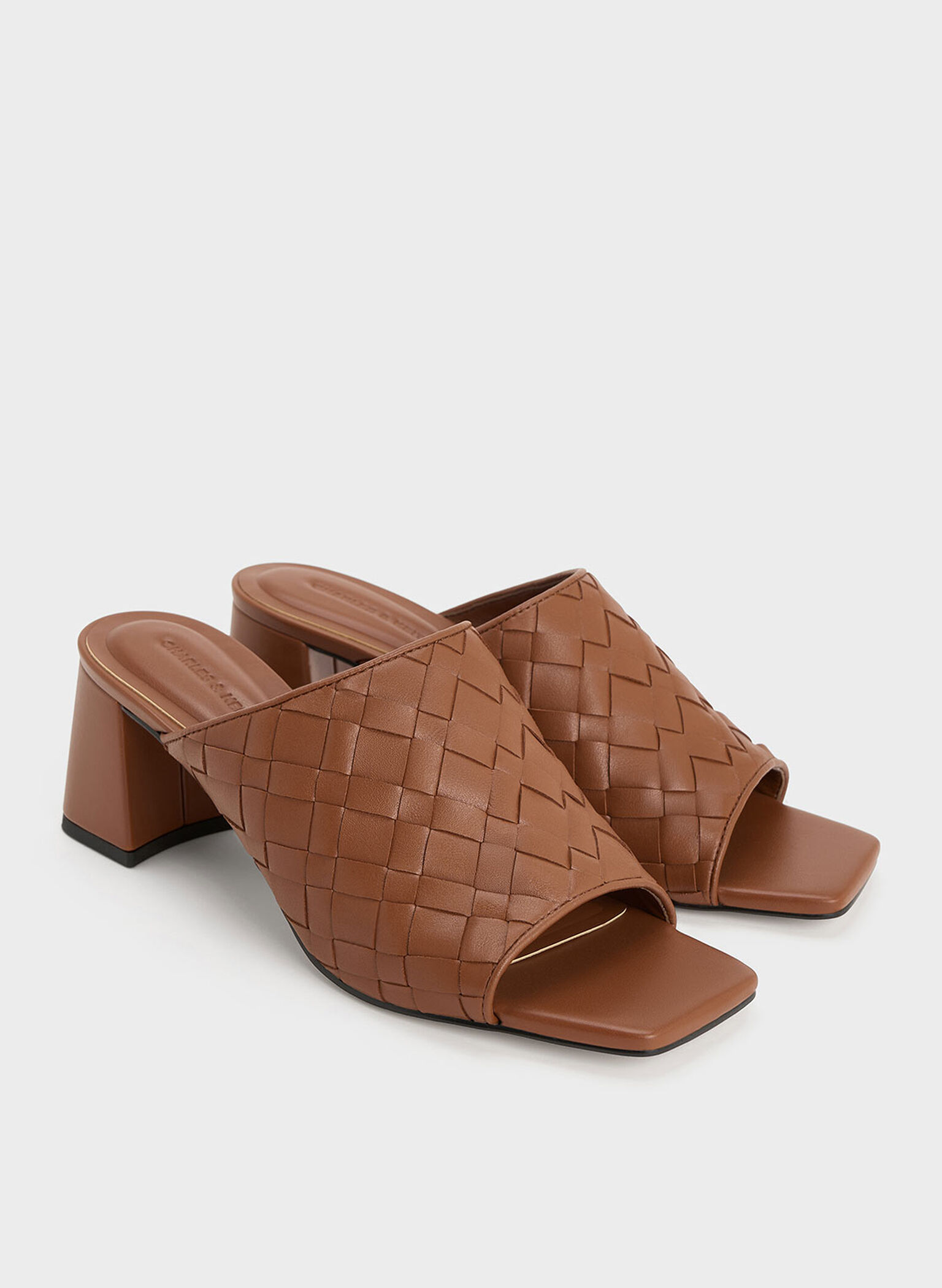 Woven Square-Toe Heeled Mules, Brown, hi-res