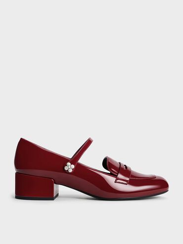 Patent Pearl-Embellished Flower-Buckle Mary Jane Loafers, Maroon, hi-res