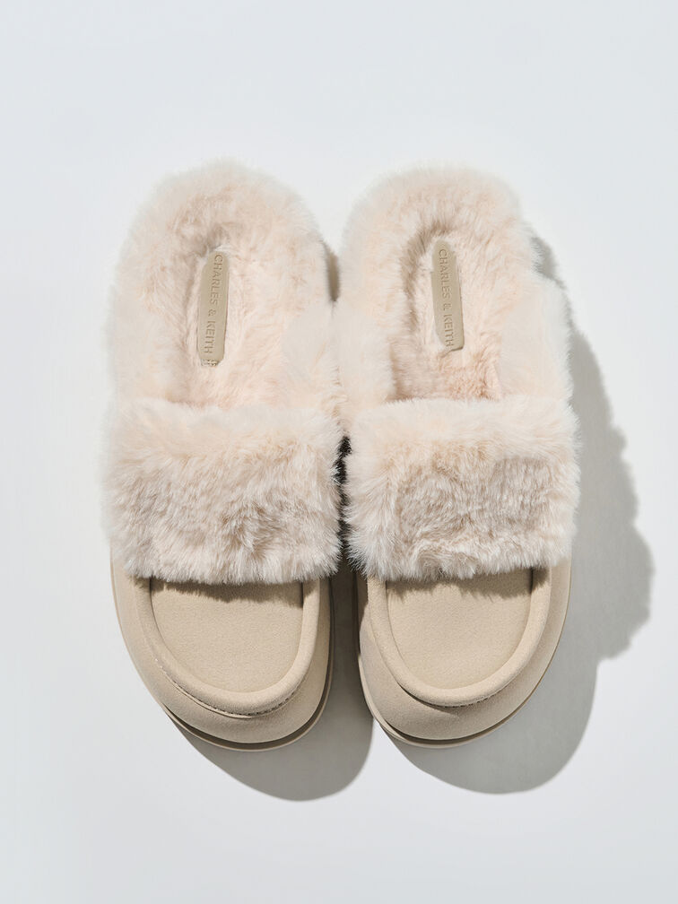 Textured Fur-Trim Flatform Mules, Beige, hi-res