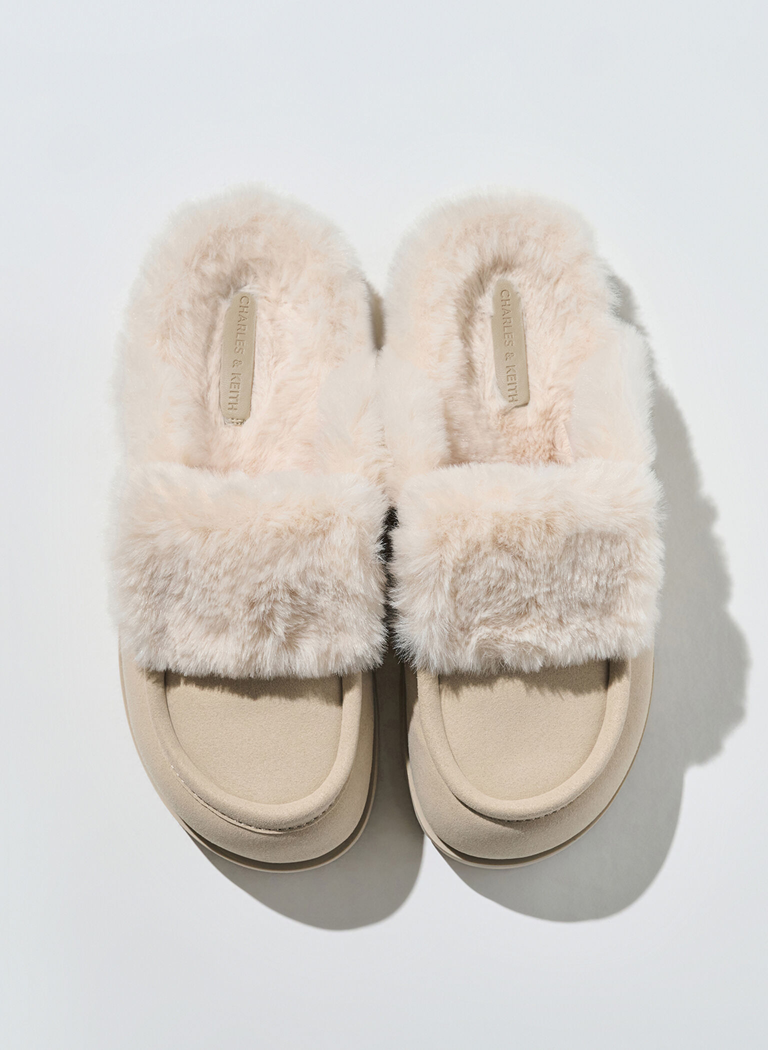 Textured Fur-Trim Flatform Mules, Beige, hi-res