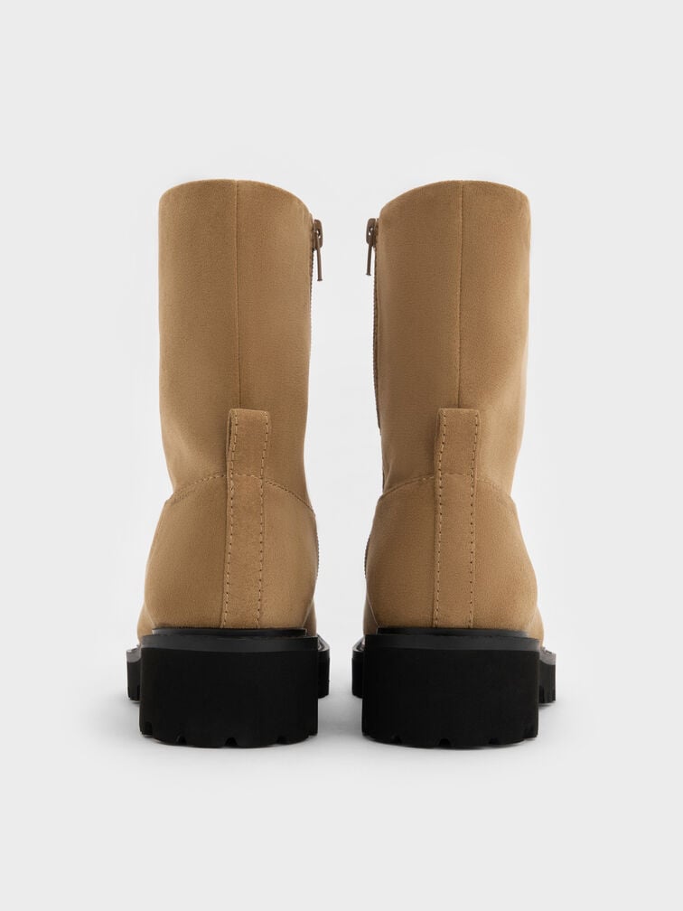 Devan Faux Suede Side-Zip Ridged-Sole Calf Boots, Camel, hi-res