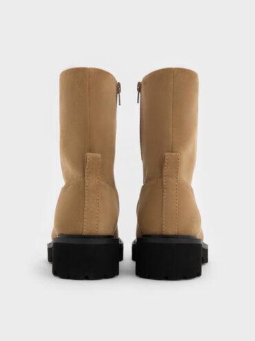 Devan Faux Suede Side-Zip Ridged-Sole Calf Boots, Camel, hi-res
